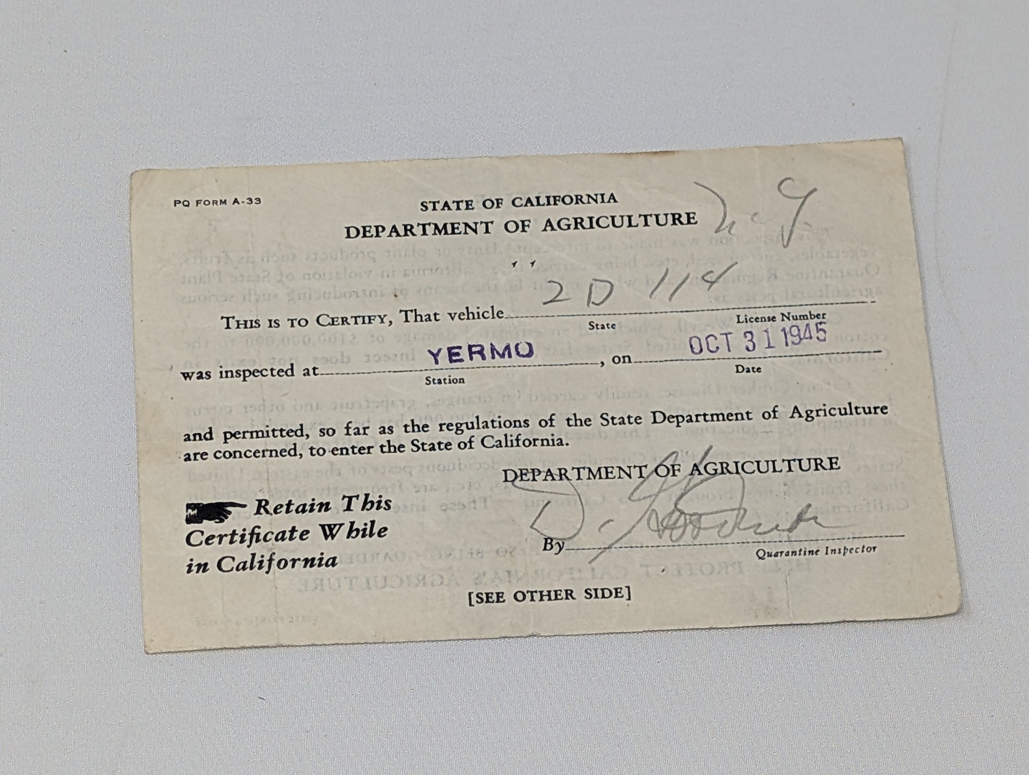 1945 California Department of Agriculture Yermo Vehicle Inspection Certificate — vintage relic from Dedstok Relics