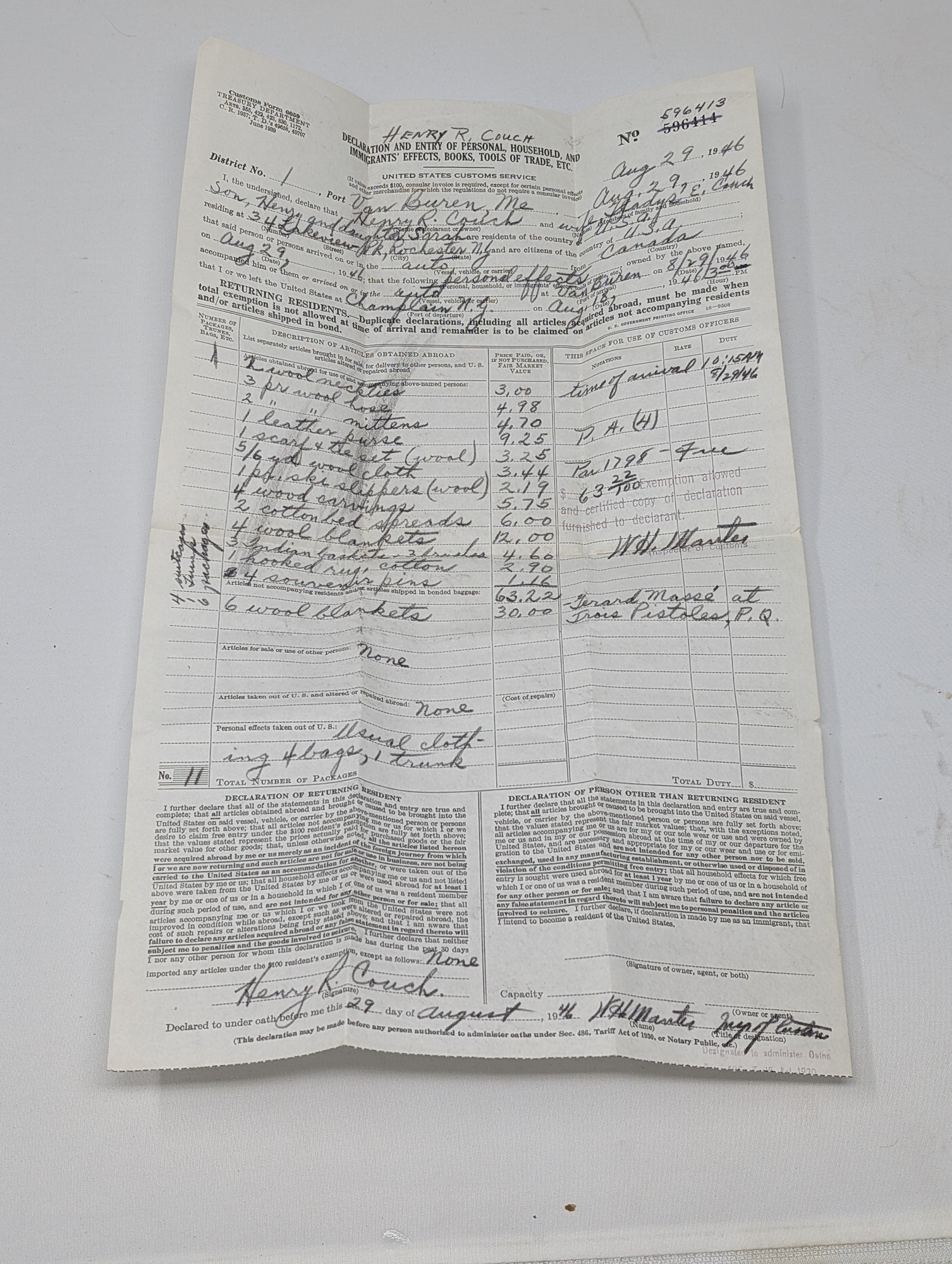 1946 U.S. Customs Returning Resident Declaration & Entry Form — vintage relic from Dedstok Relics