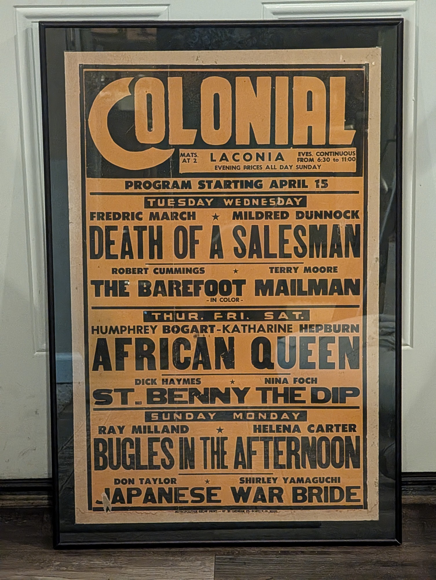 1952 Colonial Theatre Laconia Weekly Movie Program Broadside — vintage relic from Dedstok Relics