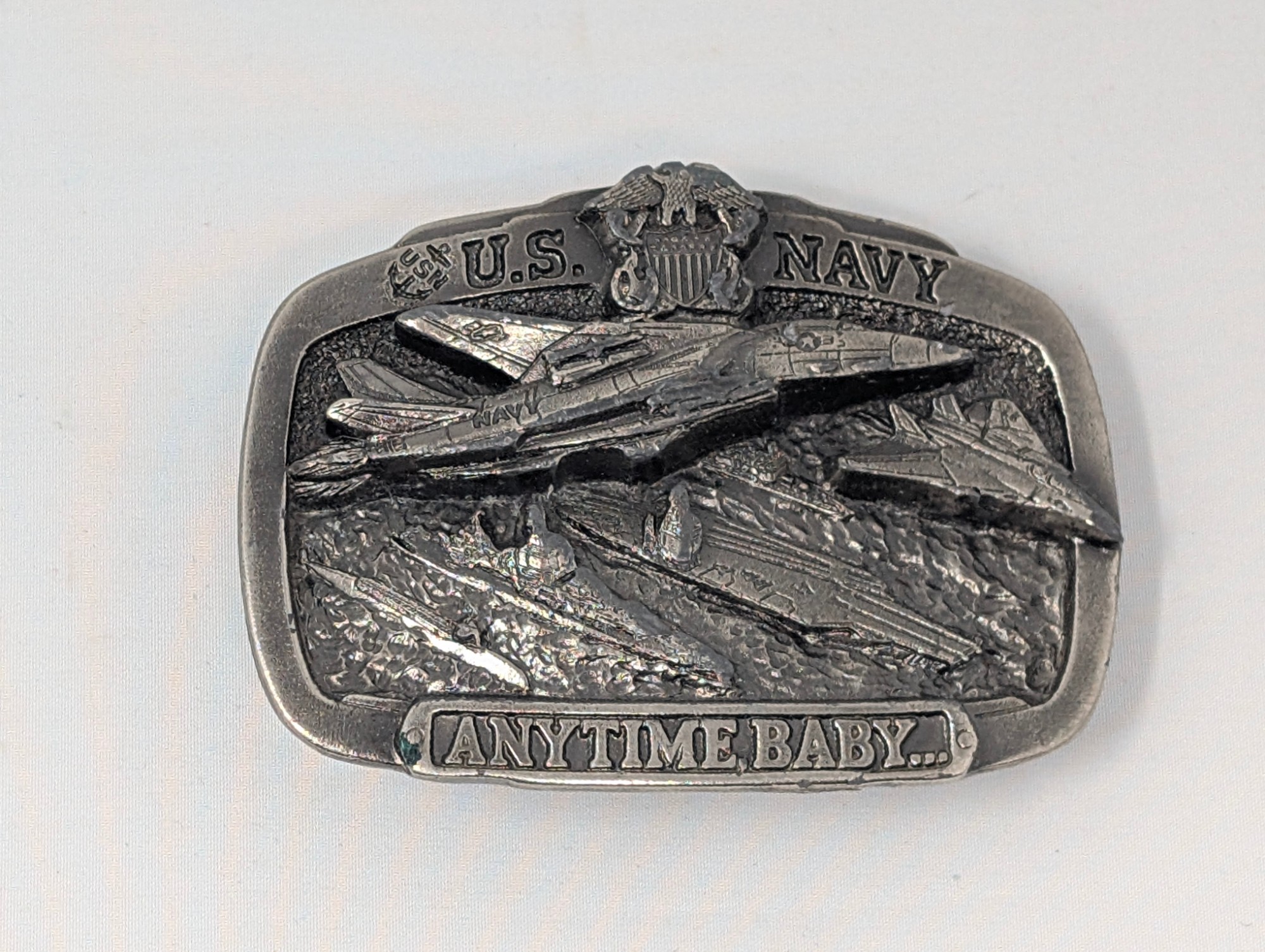 1983 U.S. Navy "ANYTIME BABY…" F-14 Tomcat Belt Buckle — vintage relic from Dedstok Relics