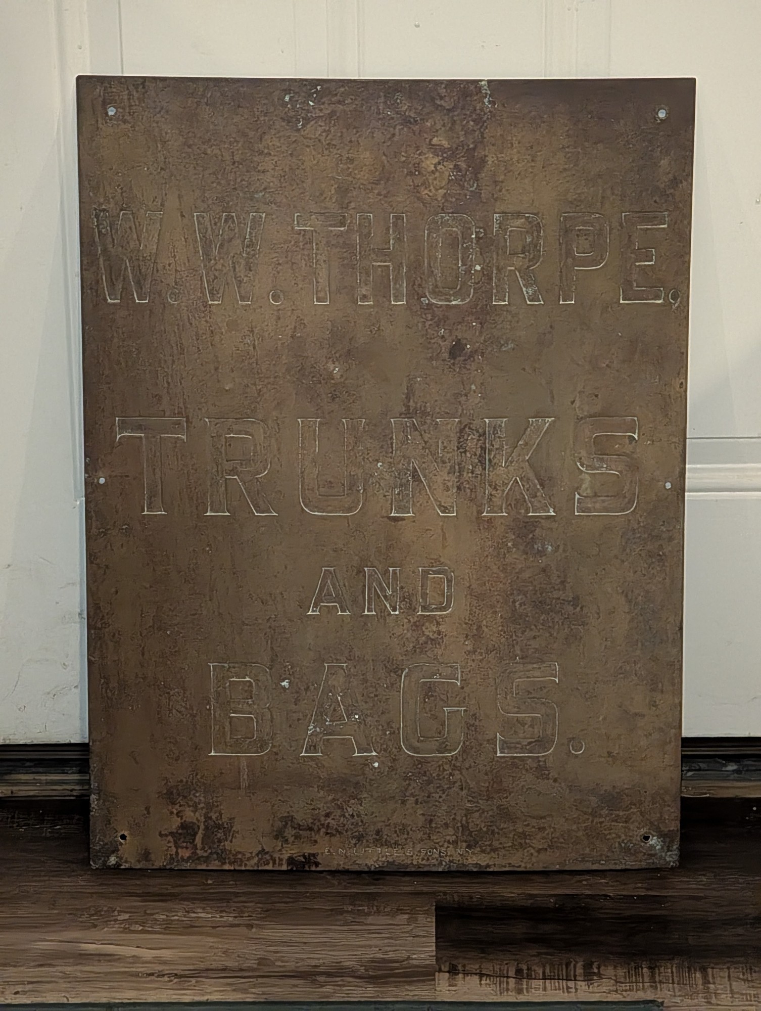 c.1900 W.W. Thorpe Trunks and Bags Embossed Metal Advertising Sign — vintage relic from Dedstok Relics