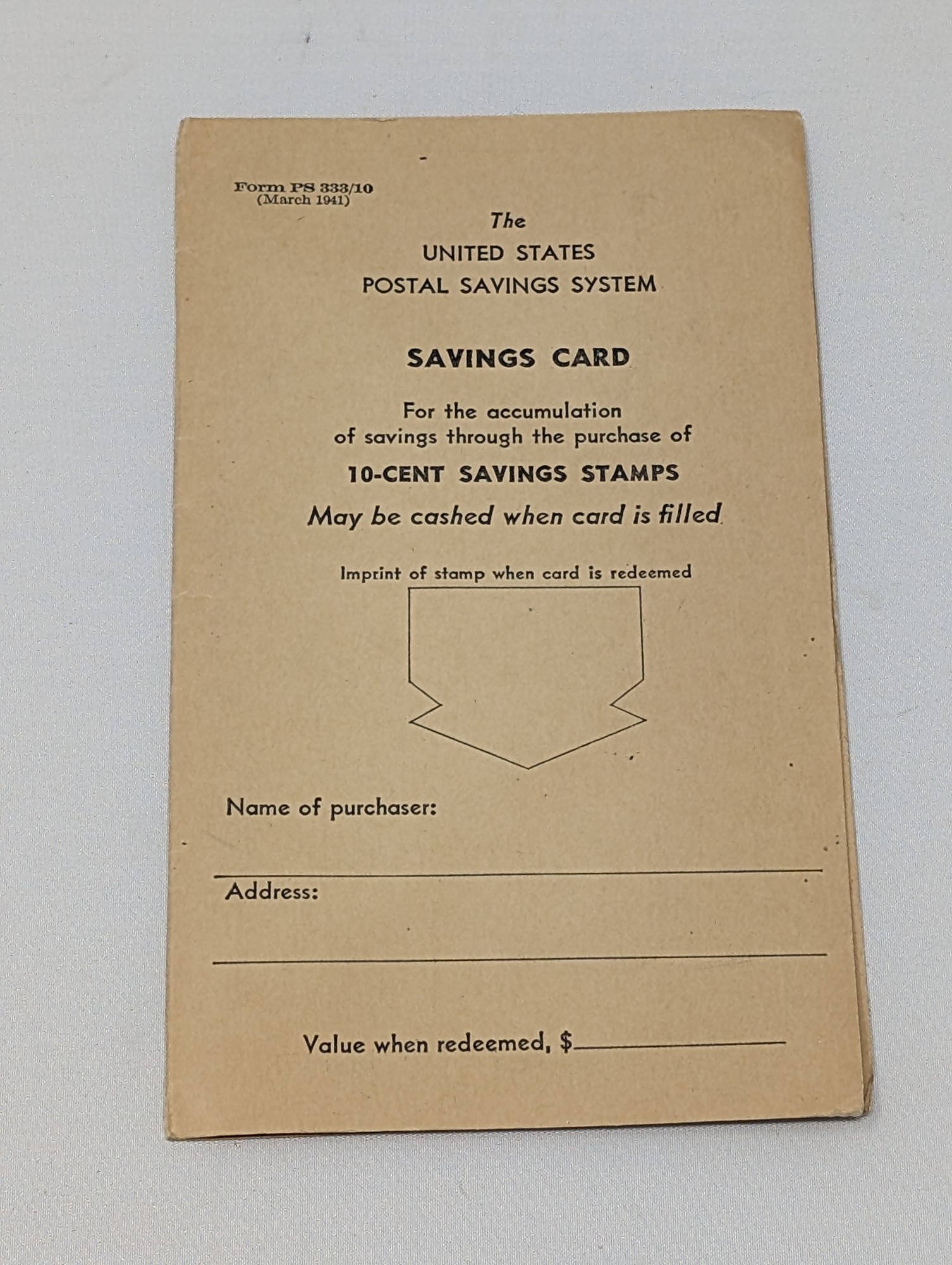 March 1941 U.S. Postal Savings System 10-Cent Savings Card — vintage relic from Dedstok Relics