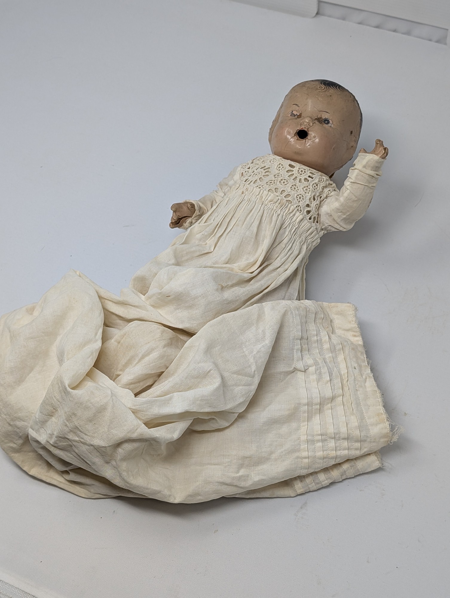 Antique Composition Baby Doll with Long Christening Gown — vintage relic from Dedstok Relics