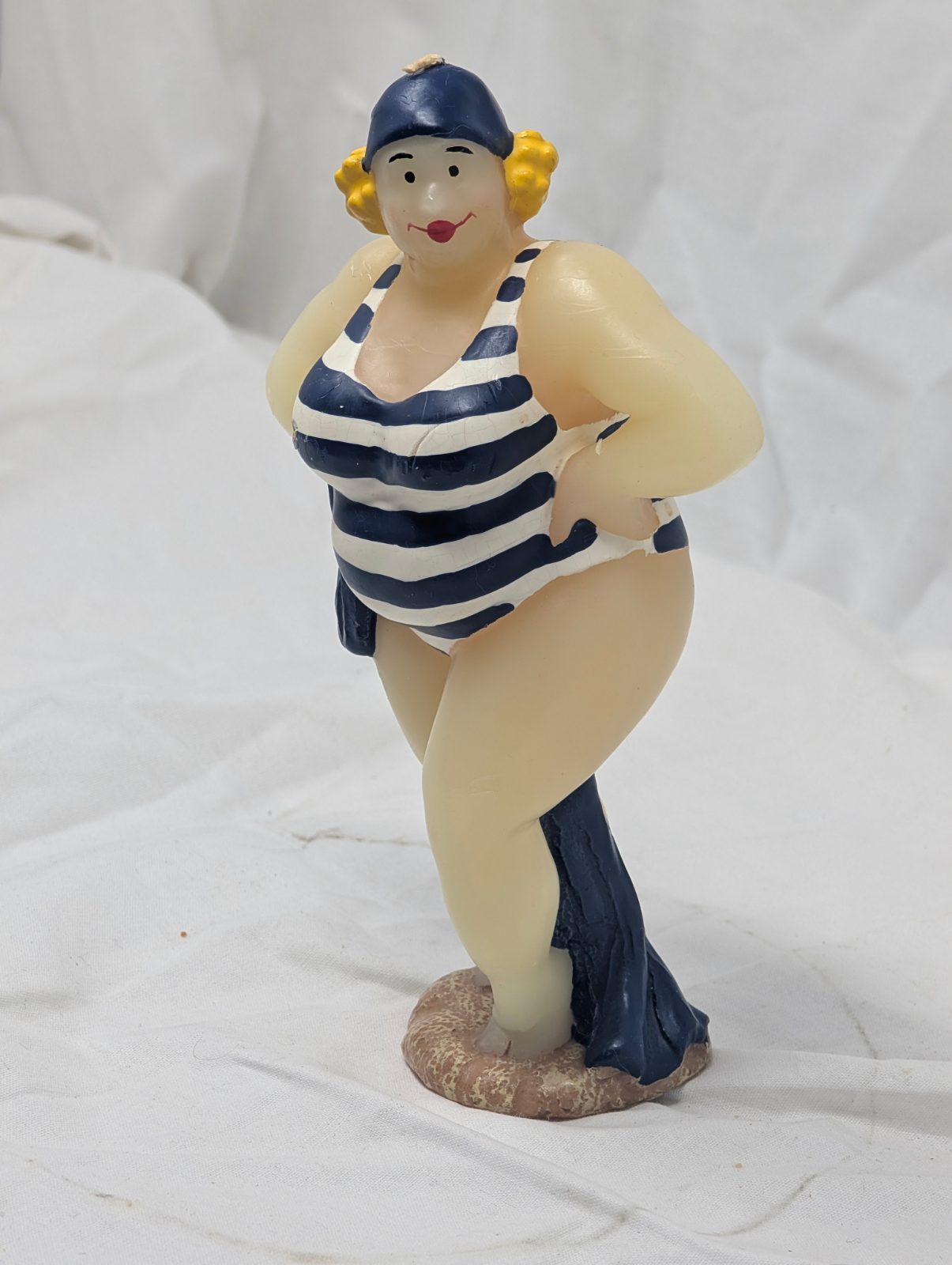 Vintage Boston Warehouse Striped Bathing Beauty Figural Candle — vintage relic from Dedstok Relics