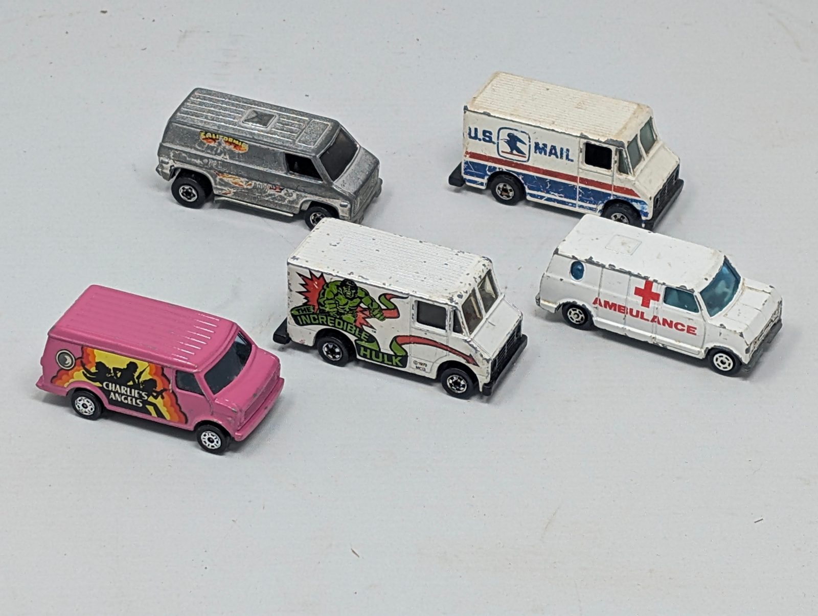 Vintage Diecast Van Lot of 5 — Hot Wheels Corgi Yat Ming Hulk Charlie's Angels USPS — vintage relic from Dedstok Relics